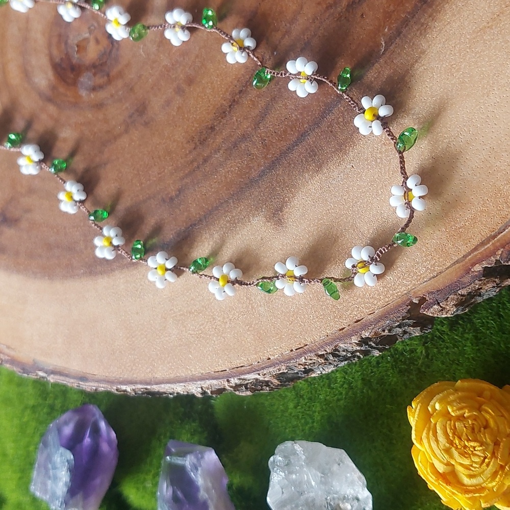 Handcrafted Daisy Necklace with Delicate Beads, 18 Inches, Rust Belt Raised